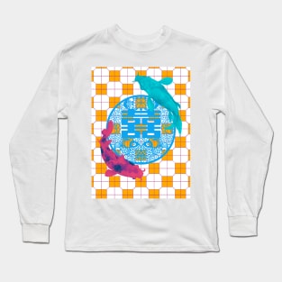 Double Happy Koi Fish - Yoga Calm Vibe Orange Tile Floor Pattern Long Sleeve T-Shirt